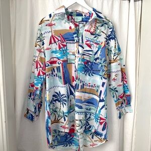 True Destination Tropical Print Women's Tunic Cotton Shirt sz L